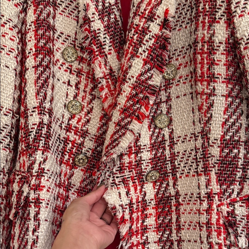 Zara - Women's Red, White Plaid Blazer & Red Skirt - Picture 2 of 6